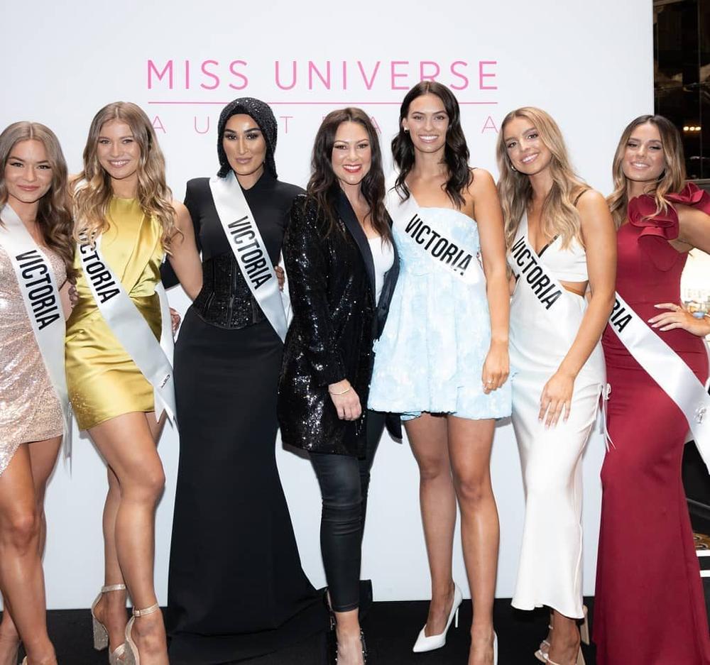 Alarna Bell (middle) with the 2021 Miss Universe Australia finalists from Victoria, including Daria Varlamova (dressed in yellow), who took home the pageant's crown at the nationals.