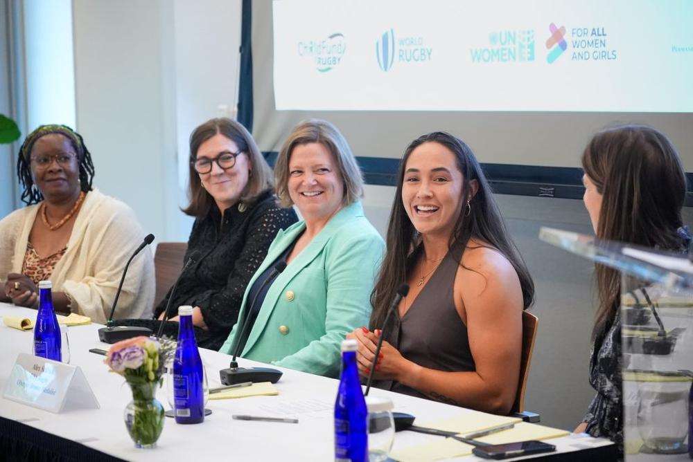 NEW YORK, NEW YORK – JULY 22: (L-R) Nyaradzayi Gumbonzvanda, Sally Horrox, Shannon Gallagher, Alex Sedrick and Kim Nortman speak during the UN High-Level Political Forum co hosted by World Rugby, ChildFund Rugby & UN Women at the Permanent Mission of the Republic of Singapore to the UN on July 22, 2025 in New York City. The event showcases how partnerships using sports can deliver evidenced, community-led social change. (Photo by John Nacion – World Rugby/World Rugby via Getty Images)