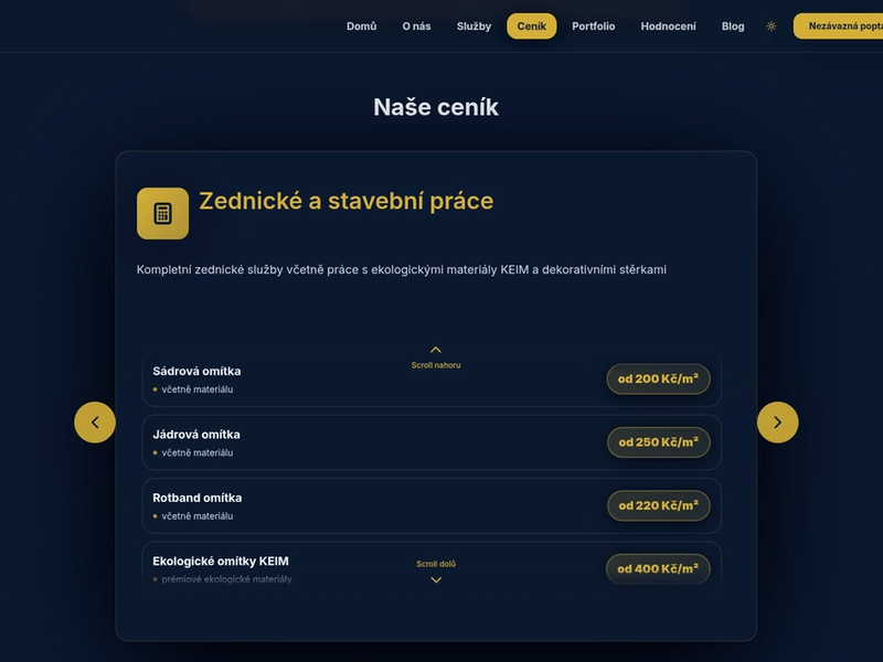 Ukázka stránky "Ceník"