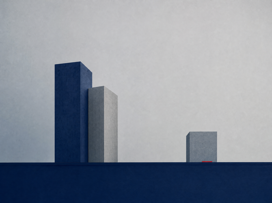 Three calm geometric volumes of subtly different heights arranged along a wide horizon line in muted ink-navy: two taller architectural columns set close together on the left, and a third lower standalone volume further along, marked at its base with a single small Boost-red accent. Wide negative space above. No text, no people. The composition reads as three positions on the same scale of maturity, not three competitors.