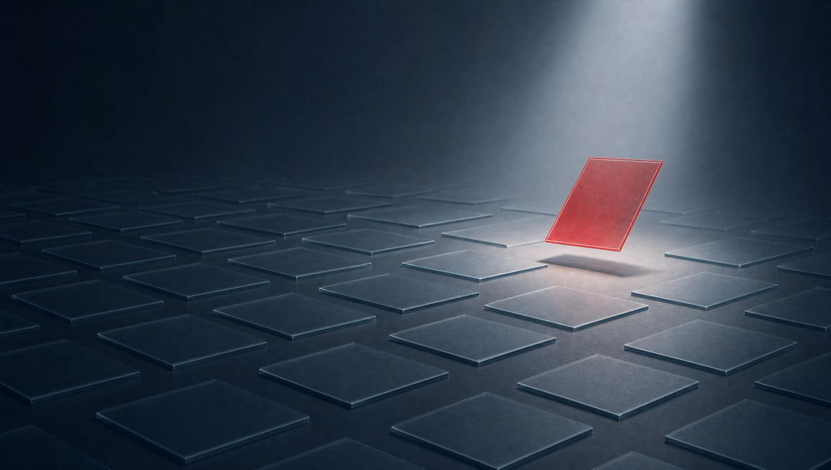 A calm, orderly field of many identical translucent glass cards receding into soft darkness, representing a complete record of thousands of routine case decisions. One single card is lifted into a shaft of soft light and edged in red, held apart from the field for close inspection.