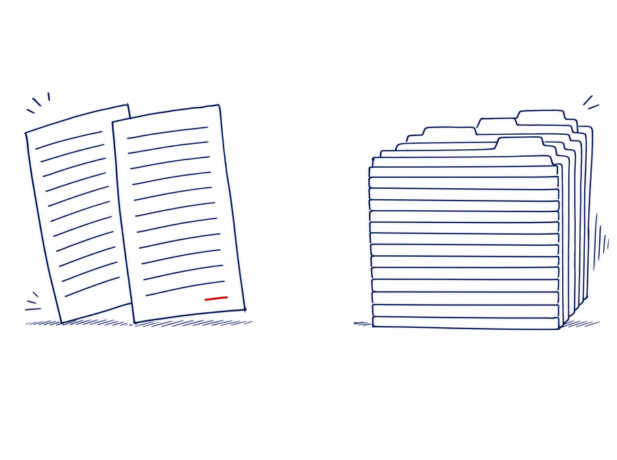 Two framework documents on one side, an ordered orthographic stack of case files on the other, with a visible empty gap between them — the layer the frameworks describe is not in the case base.