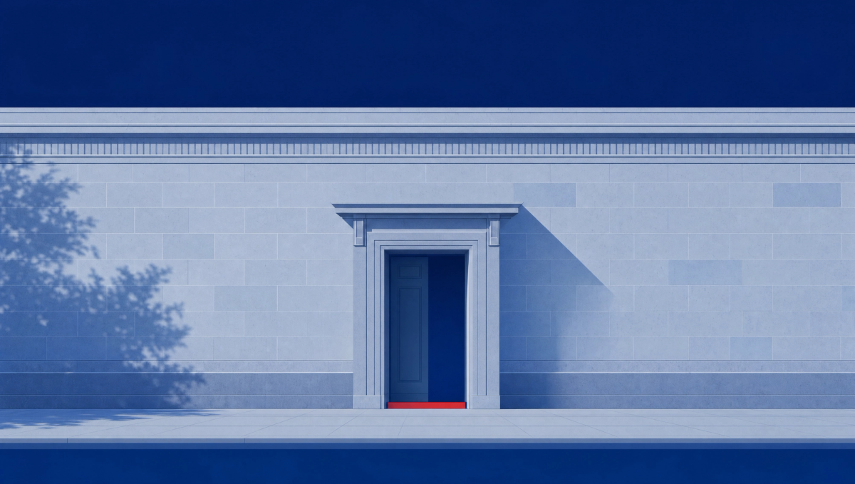A single calm doorway into a government building, suggesting one agentic point of contact rather than a wall of forms and portals.