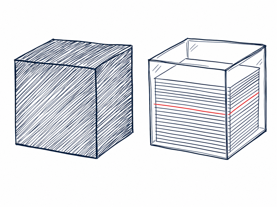 Two abstract boxes side by side on a navy plane: a sealed opaque grey cube with no way to see inside, and a transparent glass cube revealing a neat ordered stack of fine internal record-lines, with a single thin crimson line marking the readable trail.