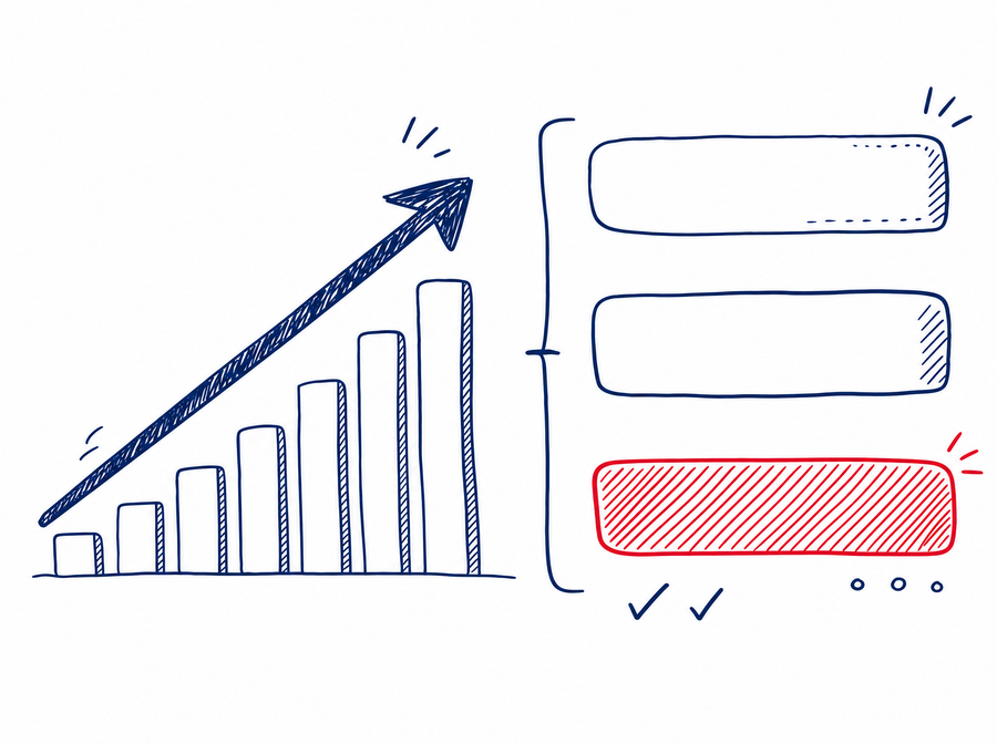A hand-drawn sketch-note diagram in Boost navy ink on white. On the left, a rising arrow tracked by an ascending row of bars, showing that oversight cost climbs in lock-step with the autonomy granted. On the right, a bracket sorts decision classes into three tiers: a lightly-watched top band, a middle band, and a heavily-hatched bottom band picked out in red for the low-autonomy tier where a person decides.