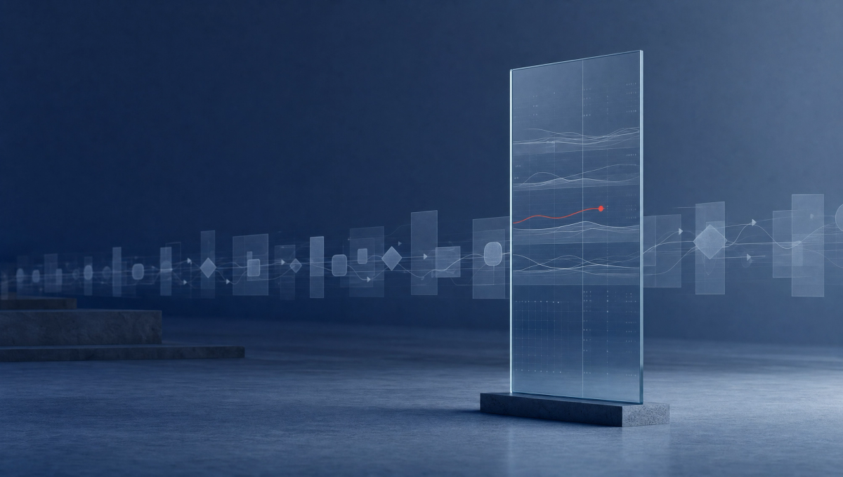 A single tall translucent glass panel stands beside a continuous horizontal stream of faint procedural activity, quietly reading the flow as it passes, with one thin red line marking a single reading. Deep navy background, soft light, wide empty space.