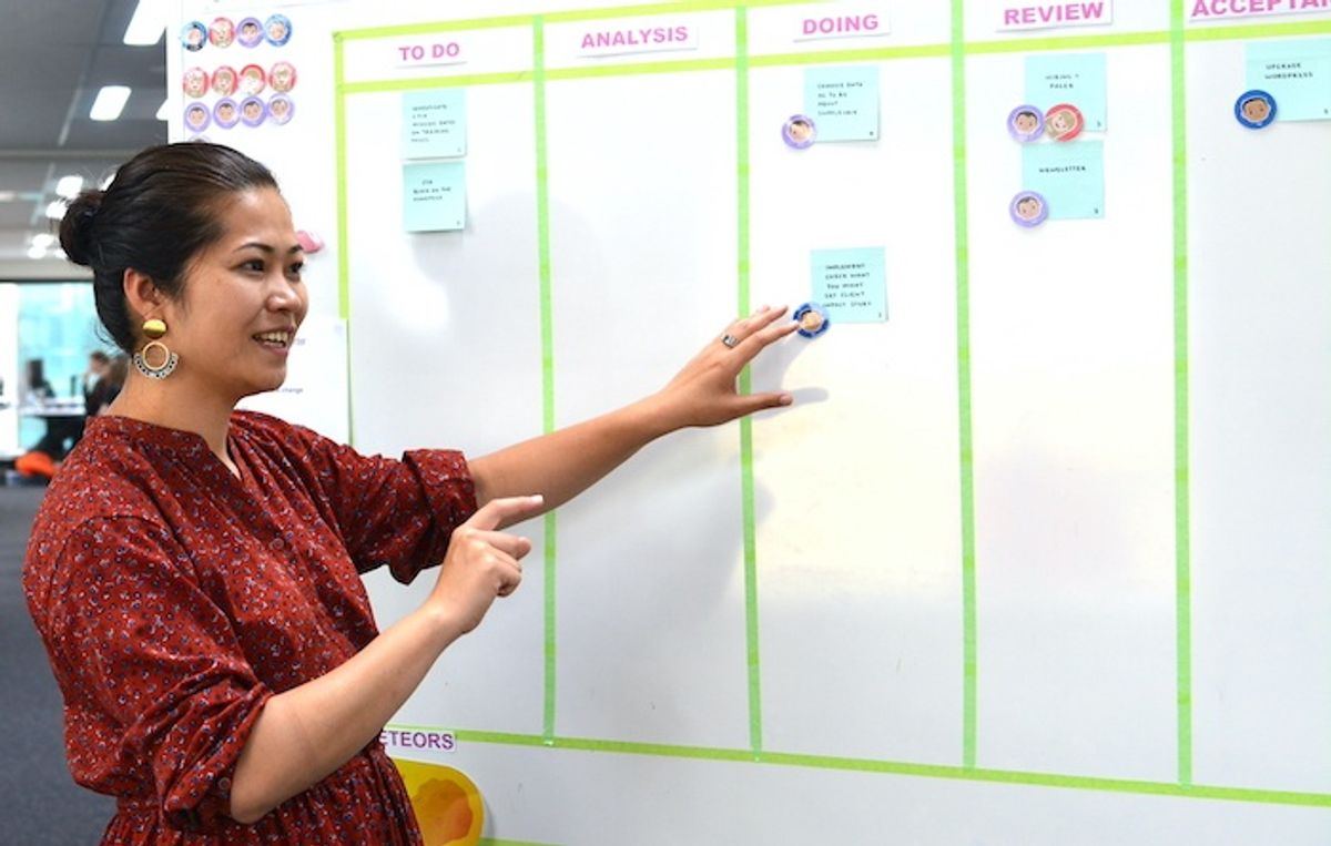 A team member tracks progress on a project board. Small projects make monitoring and control easier.