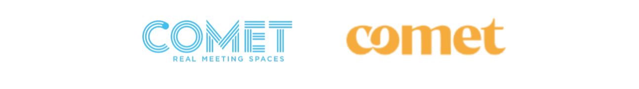Ancien logo cyan « COMET Real Meeting Spaces » et nouveau logo jaune « comet » aux lettres arrondies, côte à côte.