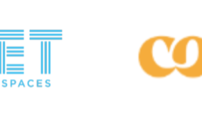 El antiguo logotipo cian «COMET Real Meeting Spaces» junto al nuevo logotipo amarillo «comet» de letras redondeadas.