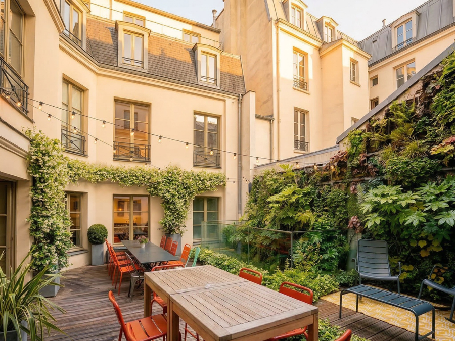 La terrasse de Comet Place des Victoires, chaises rouges et mur végétal dans la lumière dorée du soir