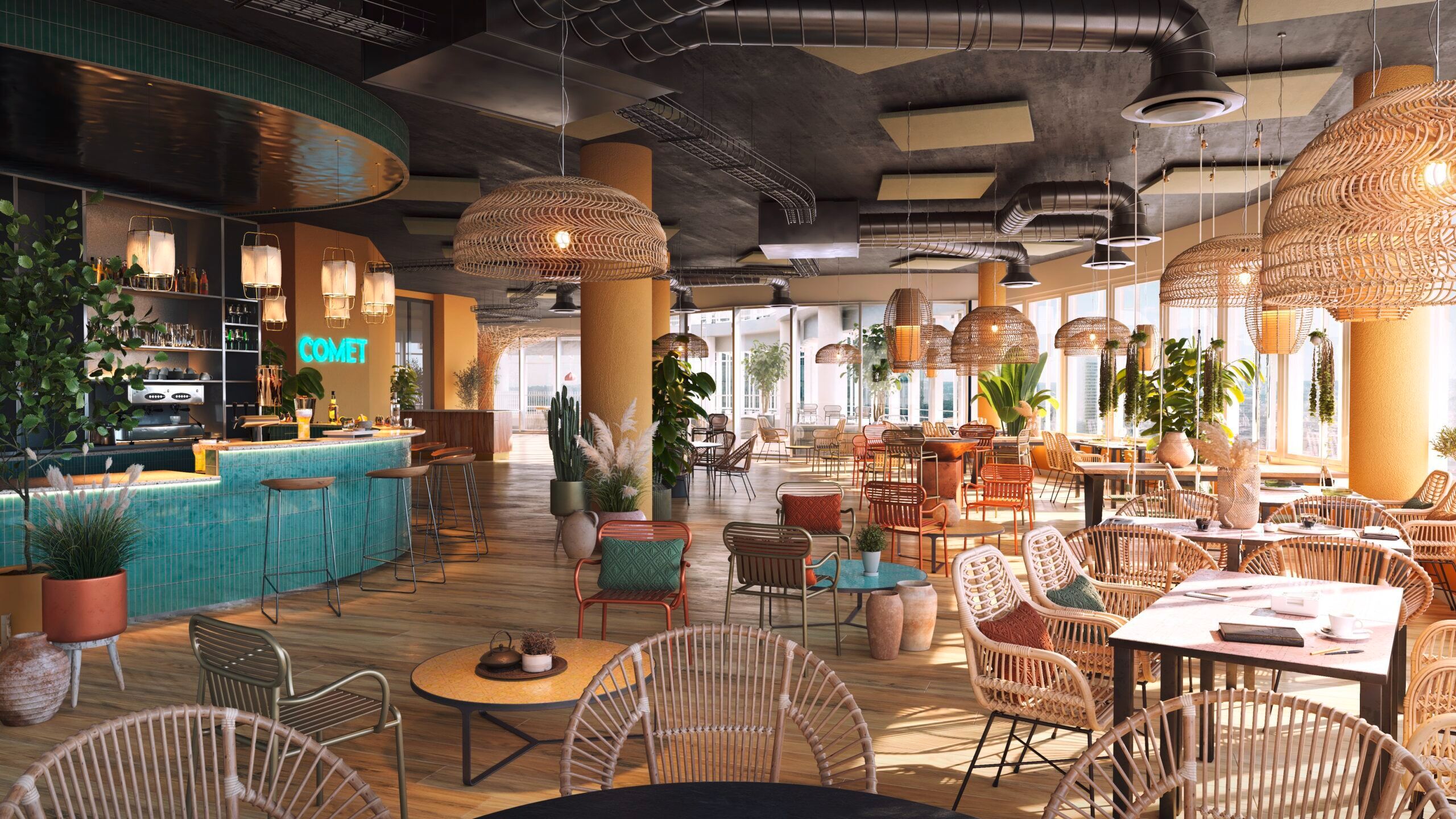 Lieu hospitality premium au design chaleureux et végétalisé chez Comet La Défense