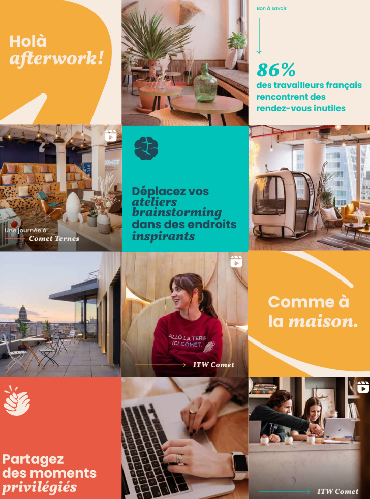 Un mosaico de publicaciones de Instagram de Comet que combina fotos de espacios, cifras clave y mensajes como «Holà afterwork!» o «Como en casa».