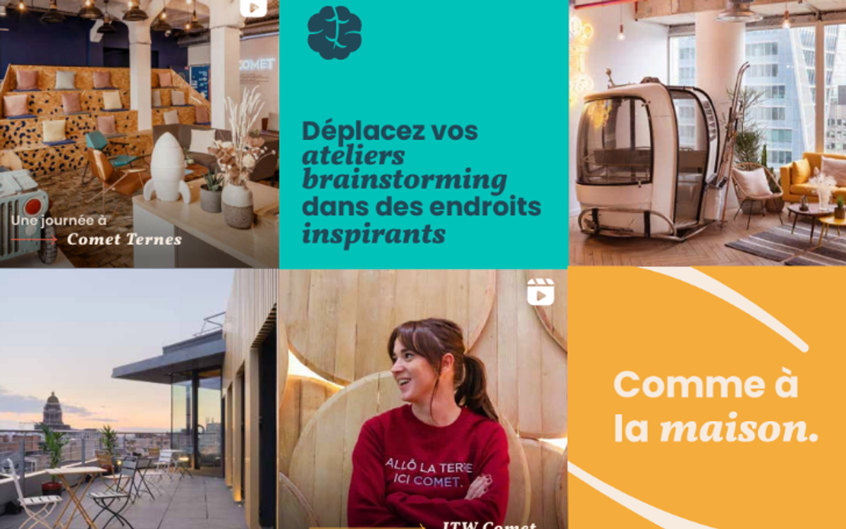 Une mosaïque de publications Instagram Comet mêlant photos de lieux, chiffres clés et messages comme « Holà afterwork ! » ou « Comme à la maison ».