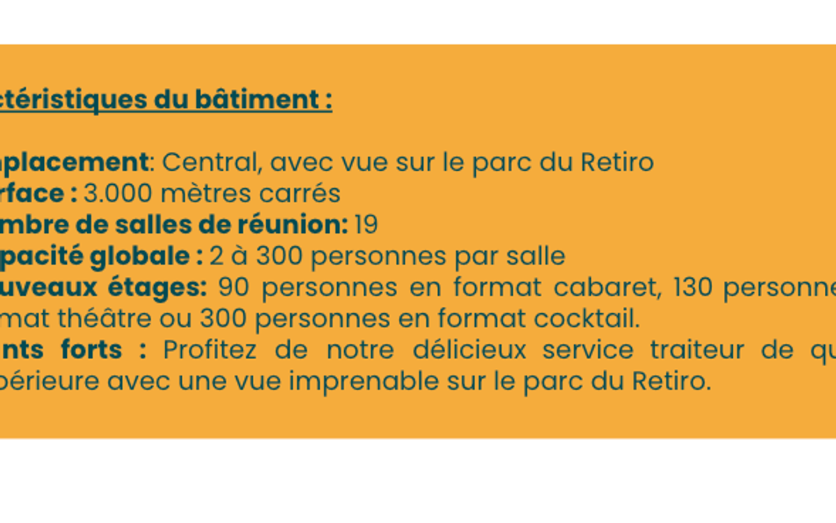 Information panel summarising Comet Retiro: a central location overlooking the Retiro park, 3,000 sq m, 19 meeting rooms, 2 to 300 people per room and new floors hosting up to 300 people for a cocktail reception.
