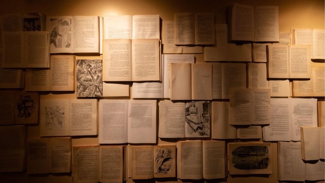 Een muur volledig bedekt met opengeslagen boeken naast elkaar, in een warm licht.