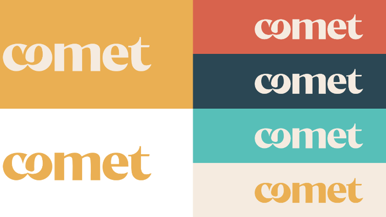 Le logotype Comet aux lettres arrondies, décliné en crème et en jaune sur des aplats jaune, blanc, rouge brique, bleu nuit, turquoise et beige.