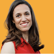 Romina Maillochaud, Chief of Experience at Comet, smiling against an orange background.