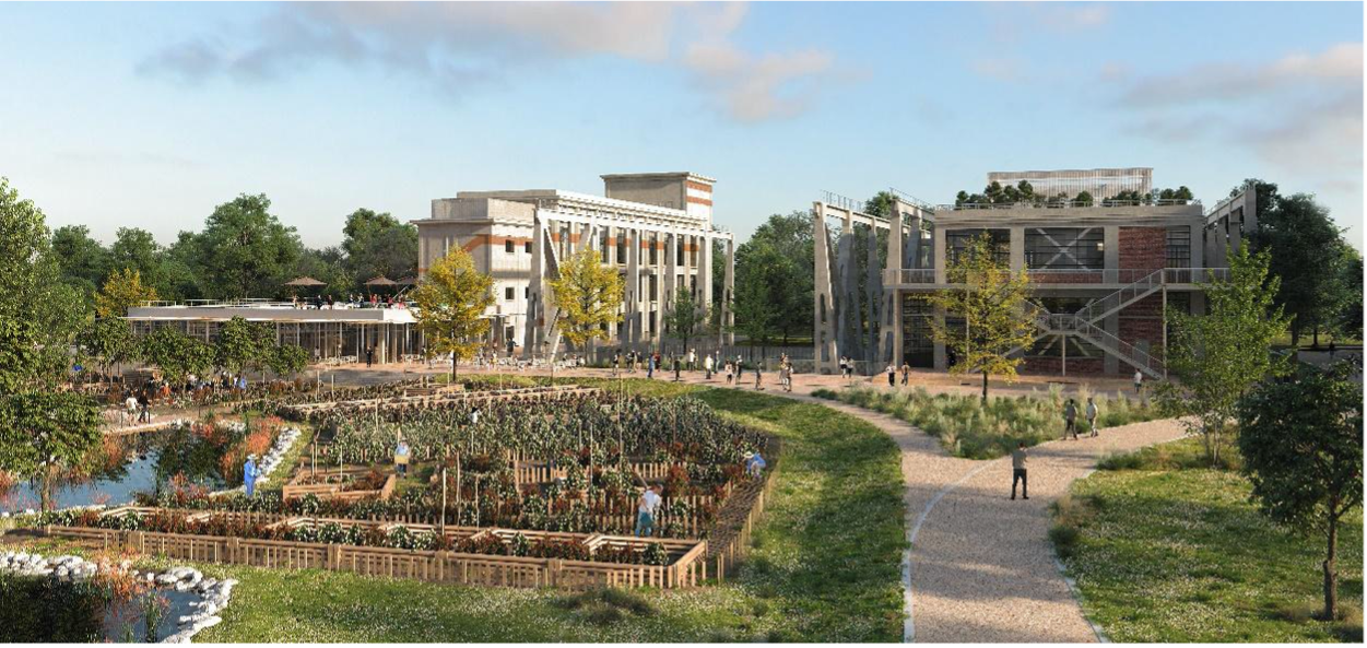 Overall view of the Arboretum campus: the refurbished industrial buildings overlook a landscaped park with a vegetable garden, paths and a pond.