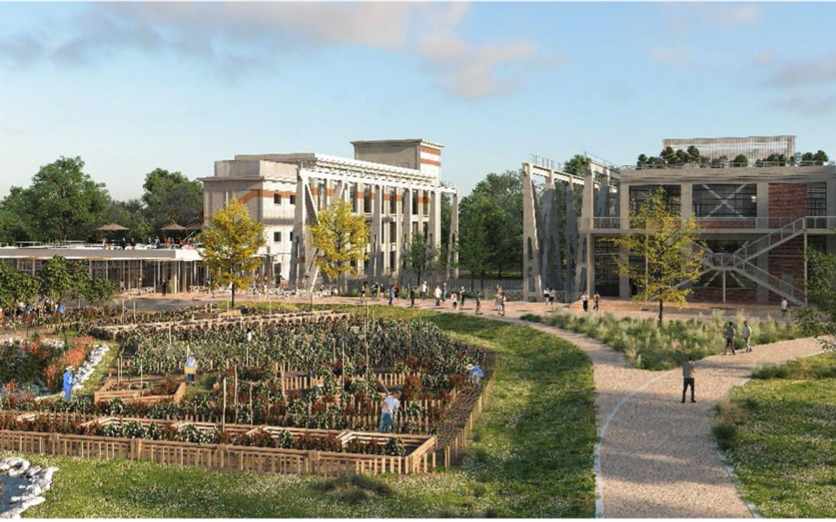 Overall view of the Arboretum campus: the refurbished industrial buildings overlook a landscaped park with a vegetable garden, paths and a pond.