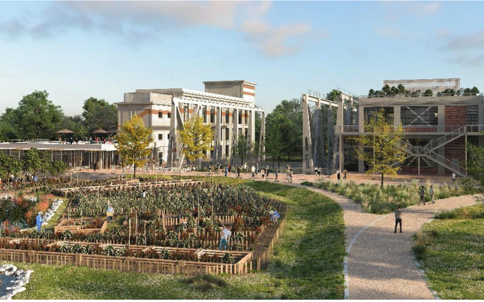Vista general del campus Arboretum: los edificios industriales rehabilitados bordean un parque paisajístico con huerto, senderos y una lámina de agua.
