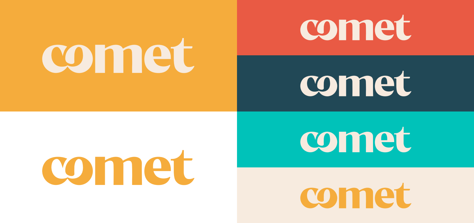Het nieuwe Comet-logo, in crème en geel, toegepast op zes kleurvlakken: geel, wit, steenrood, nachtblauw, turkoois en beige.