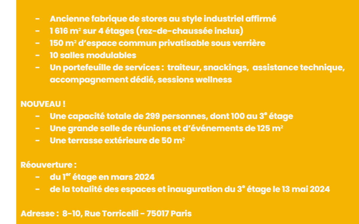 Une fiche jaune récapitulant Comet Ternes : ancienne fabrique de stores de 1 616 m² sur quatre étages, 10 salles modulables, capacité portée à 299 personnes, terrasse de 50 m² et réouverture complète le 13 mai 2024.