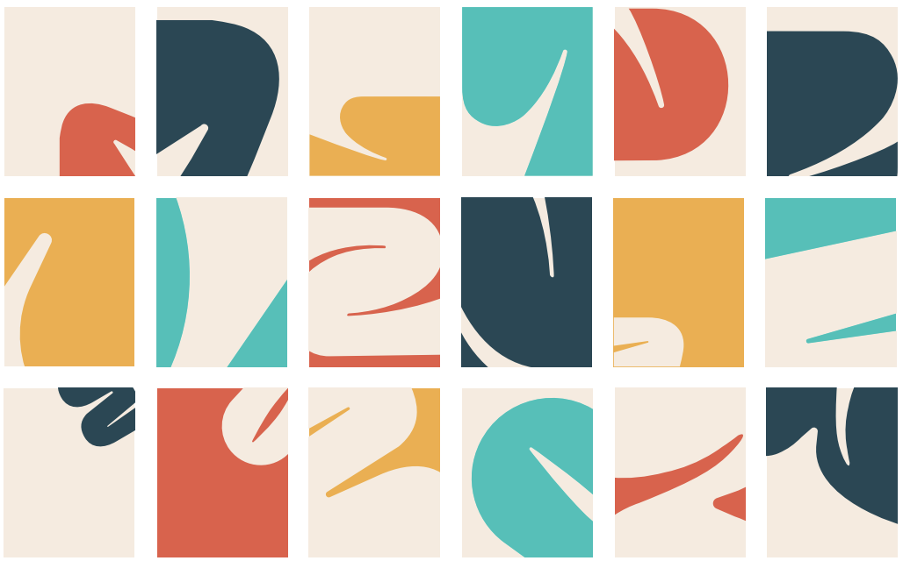 Une grille de vignettes présentant les formes organiques de la nouvelle identité Comet, en jaune, rouge brique, bleu nuit, turquoise et crème.