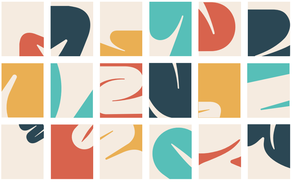 Une grille de vignettes présentant les formes organiques de la nouvelle identité Comet, en jaune, rouge brique, bleu nuit, turquoise et crème.