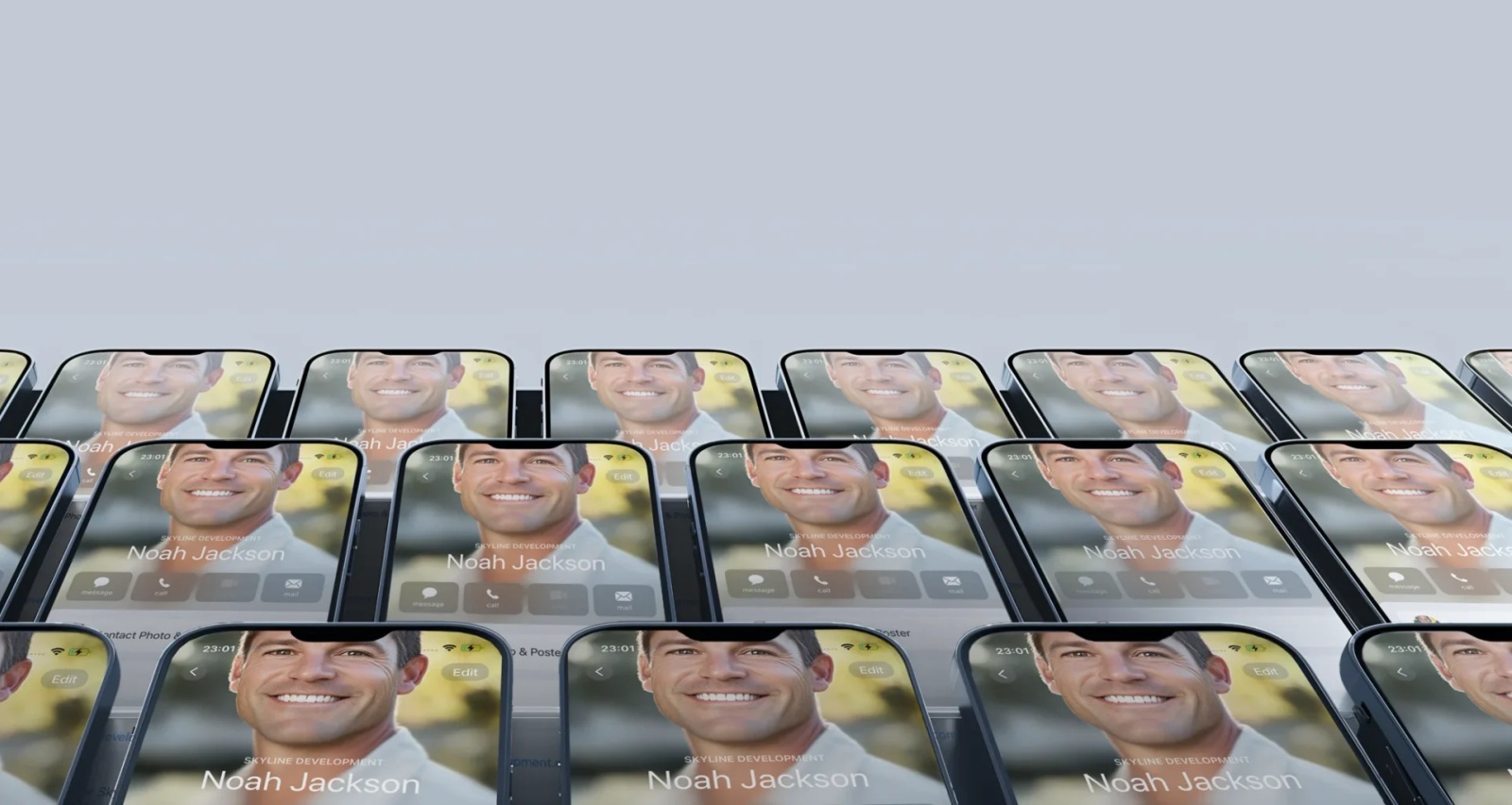 rows of iphones each showing the same contact information to represent deployment of contacts at scale.