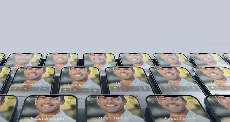 rows of iphones each showing the same contact information to represent deployment of contacts at scale.