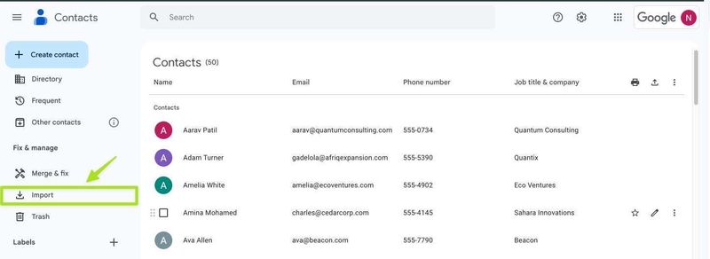Finding the import option in Google Contacts.