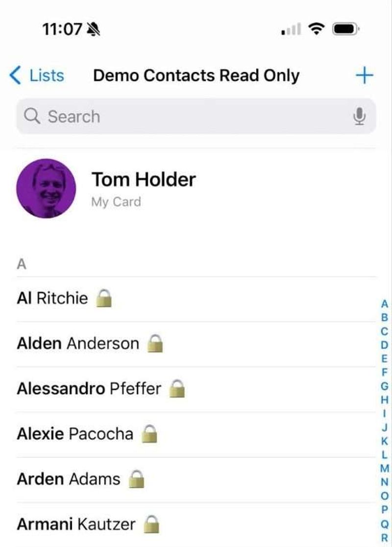 Contacts listed in phone with new lock icon next to them to show they are read only.
