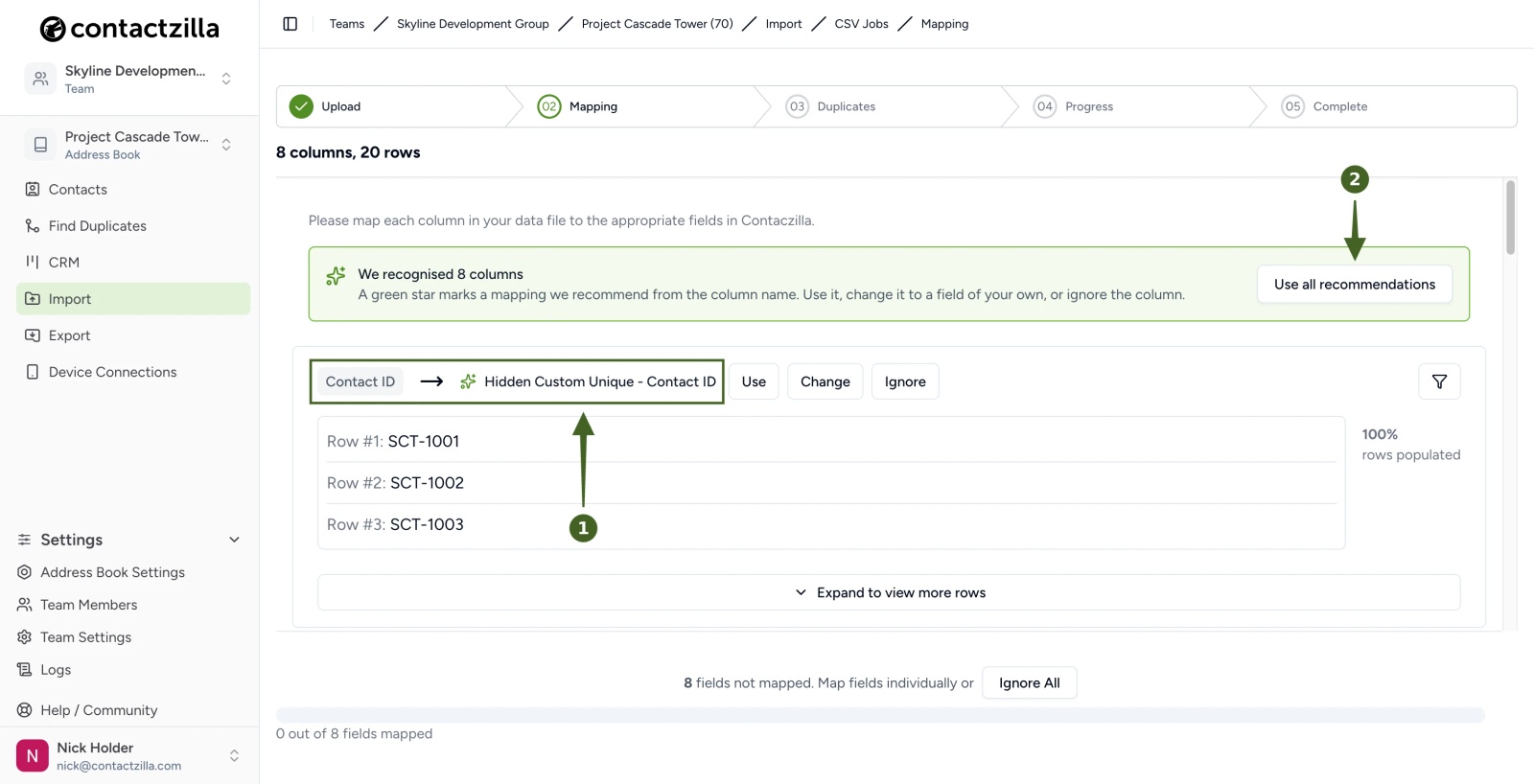 Contactzilla CSV import Mapping step for Project Cascade Tower, with the Contact ID column recommended as Hidden Custom Unique - Contact ID and the Use all recommendations button.
