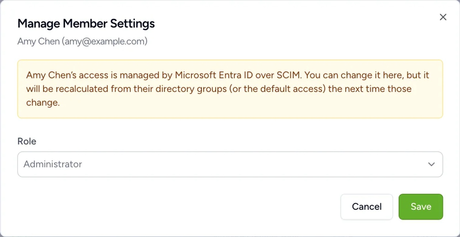 Manage Member Settings dialog warning that a Directory member's role will be recalculated from their groups.