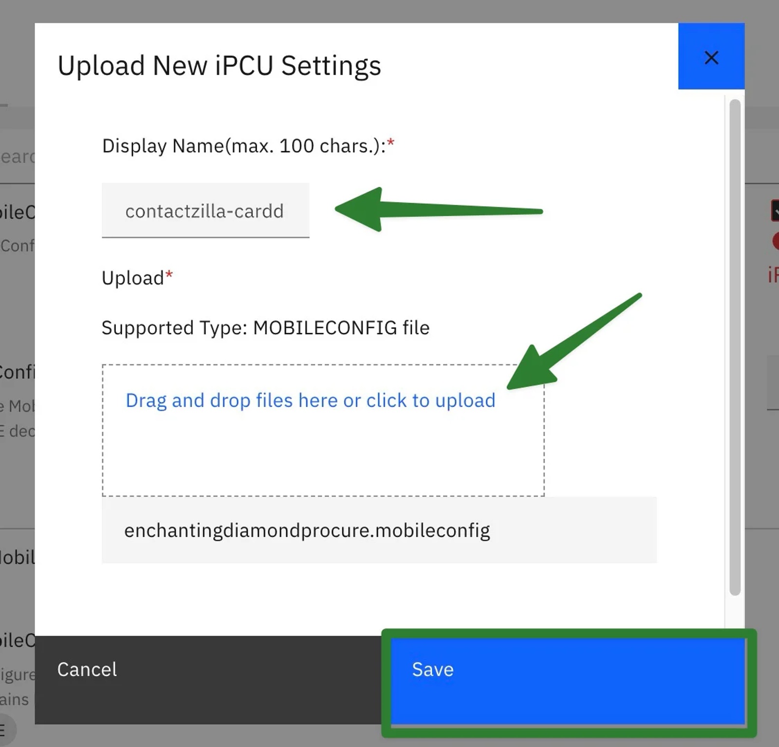 Uploading the edited Contactzilla CardDAV .mobileconfig file and saving it in the Upload New iPCU Settings window.