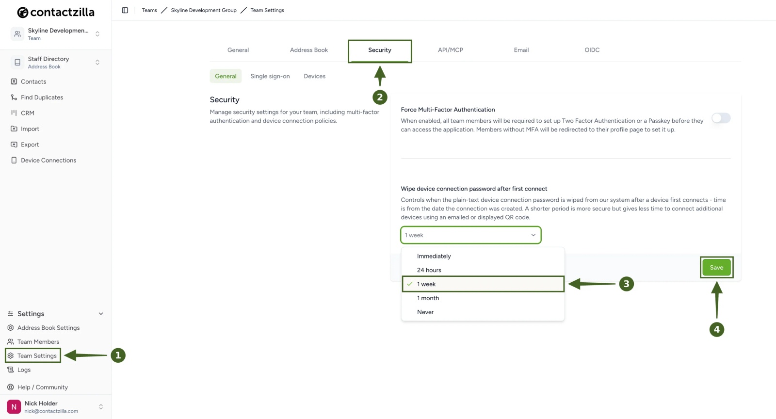 Contactzilla Team Settings Security tab with the Wipe device connection password after first connect list open, showing Immediately, 24 hours, 1 week, 1 month and Never, with 1 week chosen and the Save button highlighted.