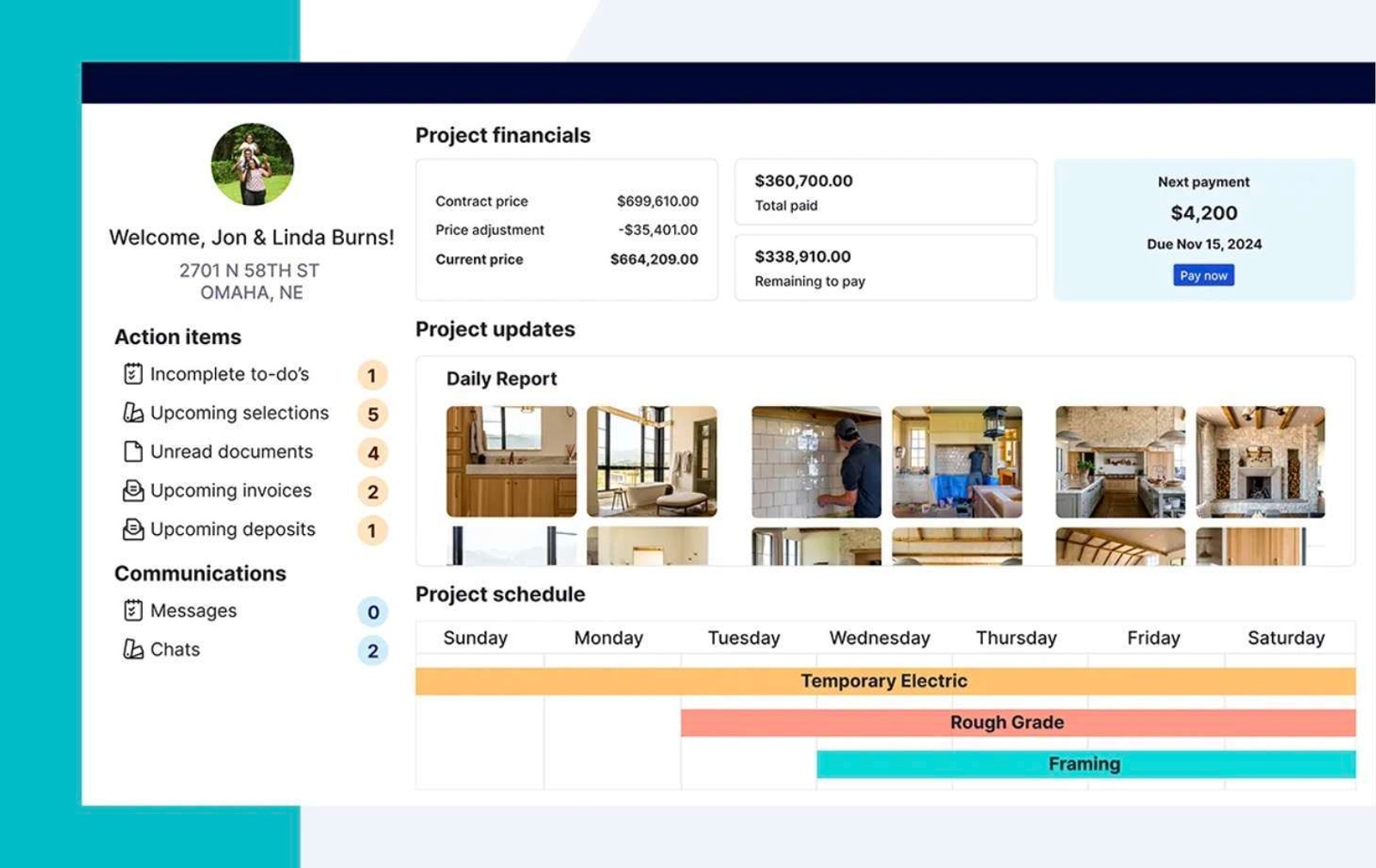 Screen shot of project financials and action items in Buildertrend CRM