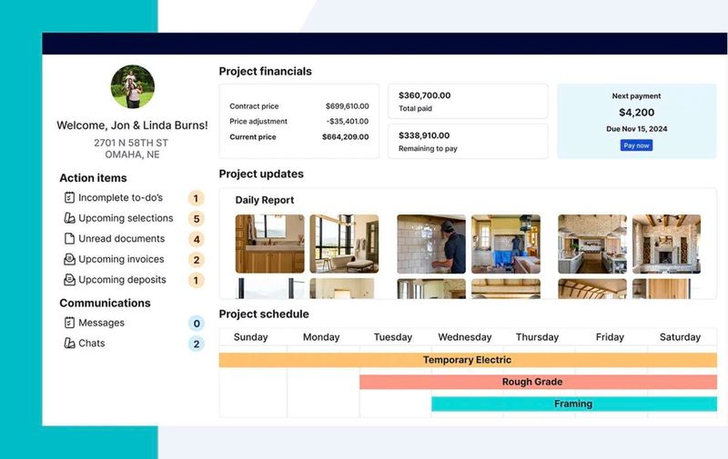 Screen shot of project financials and action items in Buildertrend CRM