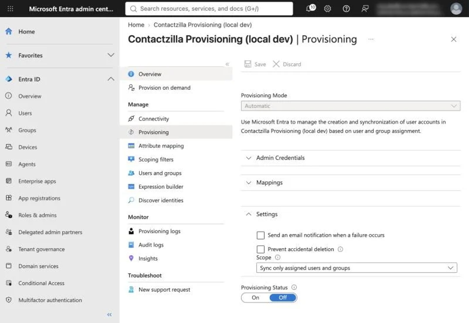 Entra Provisioning Settings with Scope set to Sync only assigned users and groups and Provisioning Status switch.