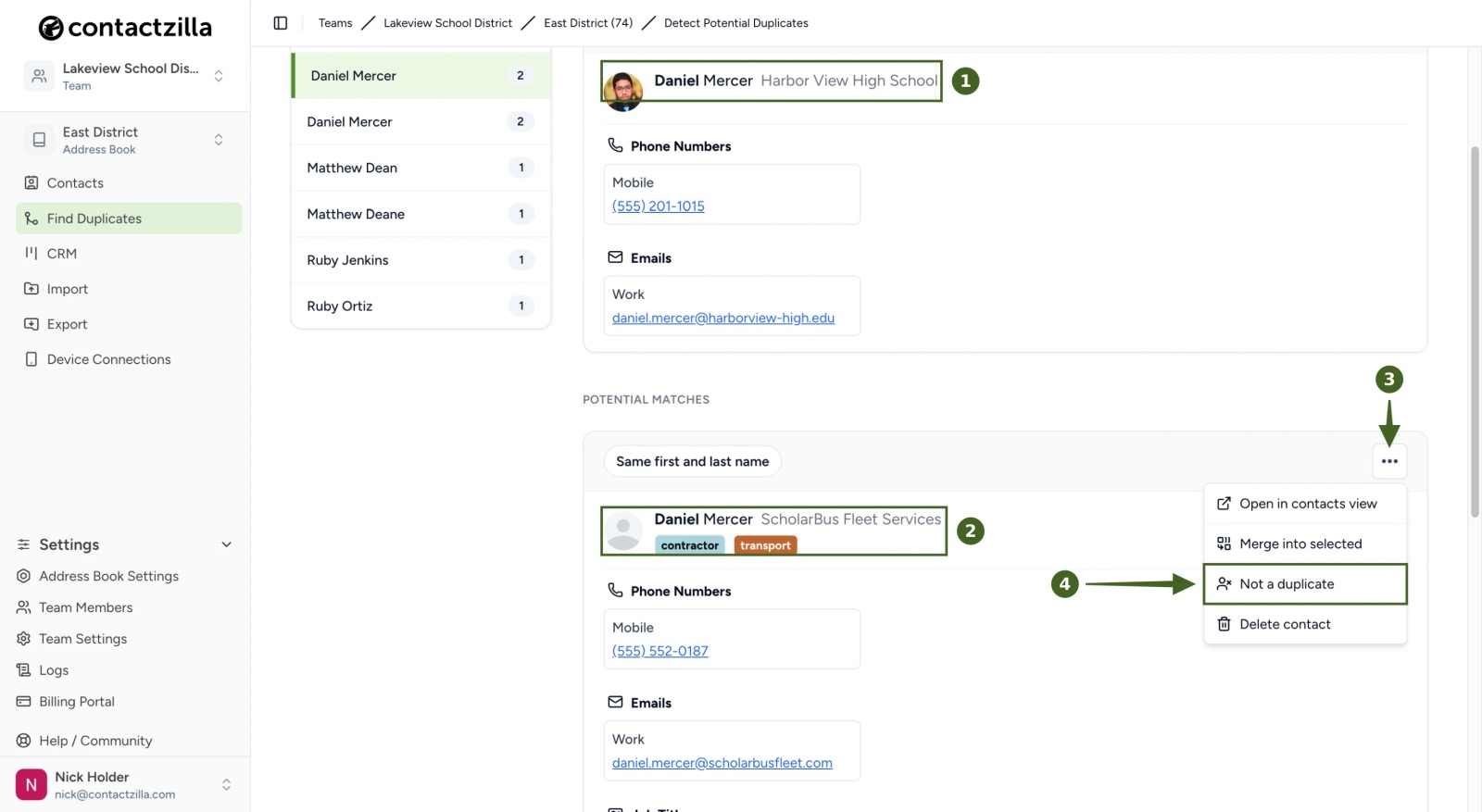 Contactzilla duplicate report comparing Daniel Mercer at Harbor View High School with Daniel Mercer at ScholarBus Fleet Services, flagged by Same first and last name, with Not a duplicate chosen from the match's actions menu.