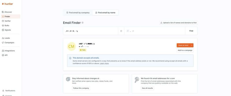 The Hunter email finder interface warning about catch all email addresses.
