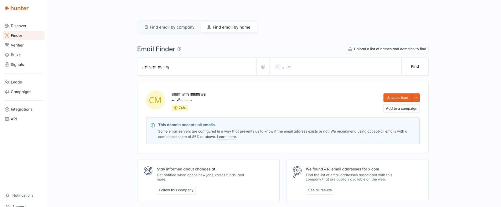 The Hunter email finder interface warning about catch all email addresses.