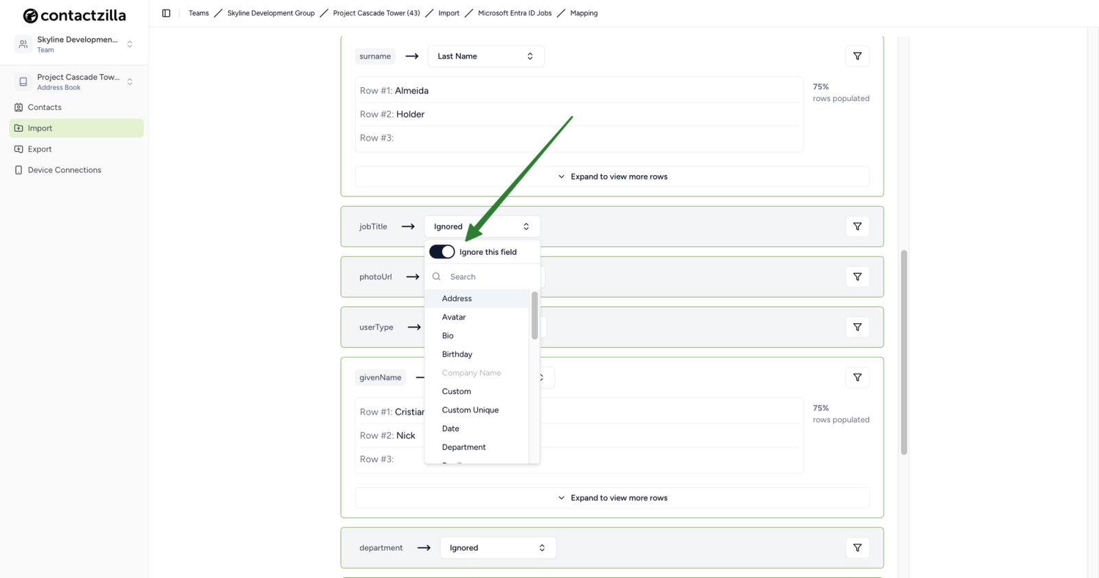 Contactzilla mapping screen showing a SharePoint field set to ignored, with the option to exclude specific fields from being imported into the contact list