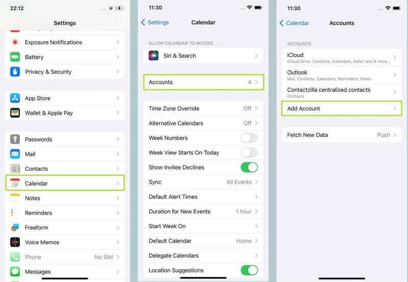 3 screen shots from the iPhone showing how to access the Calendar settings to then add a calendar account, in this case Google.