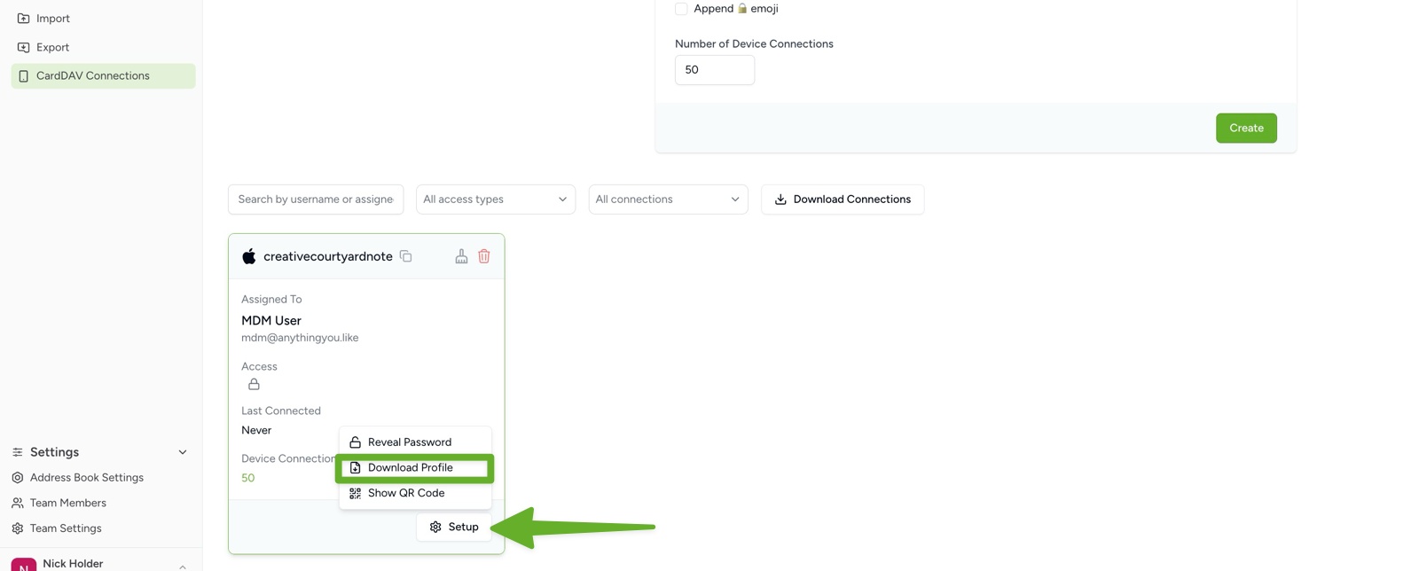 Download the Contactzilla .mobileconfig file from the CardDAV connection setup screen for iOS Intune deployment.