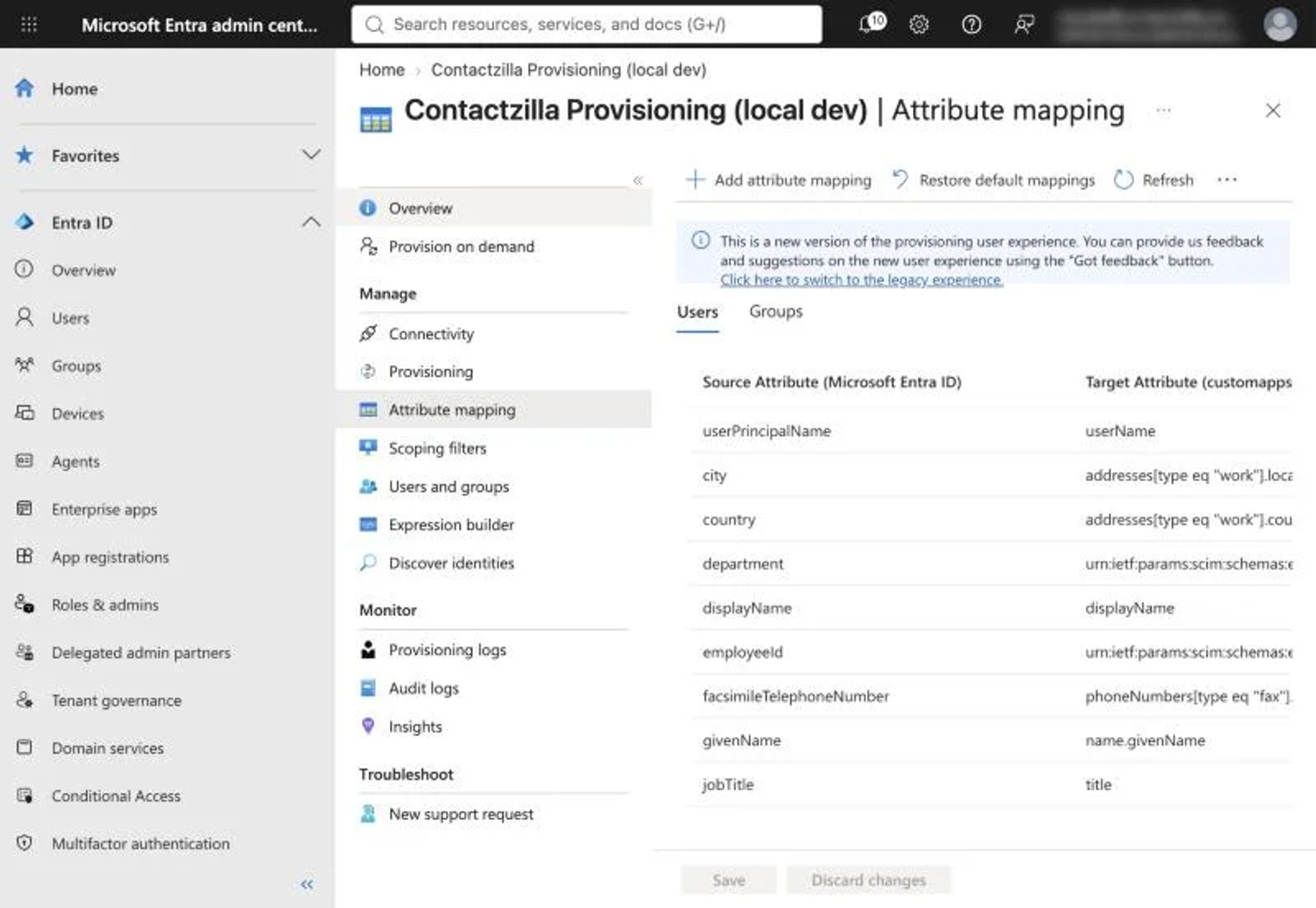 Entra Attribute mapping page for Users, showing userName mapped from userPrincipalName.