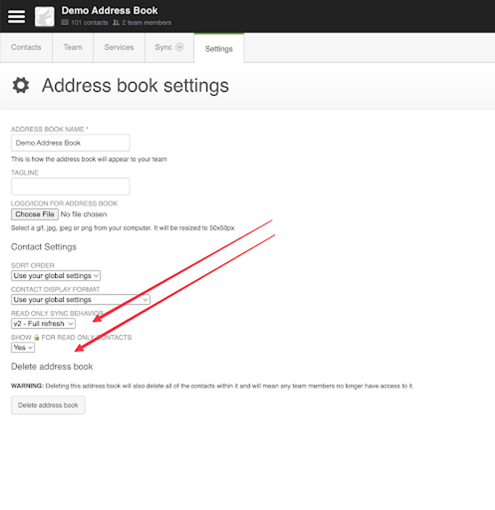 Arrows showing where in the Contactzilla settings you can adjust the read-only mode.
