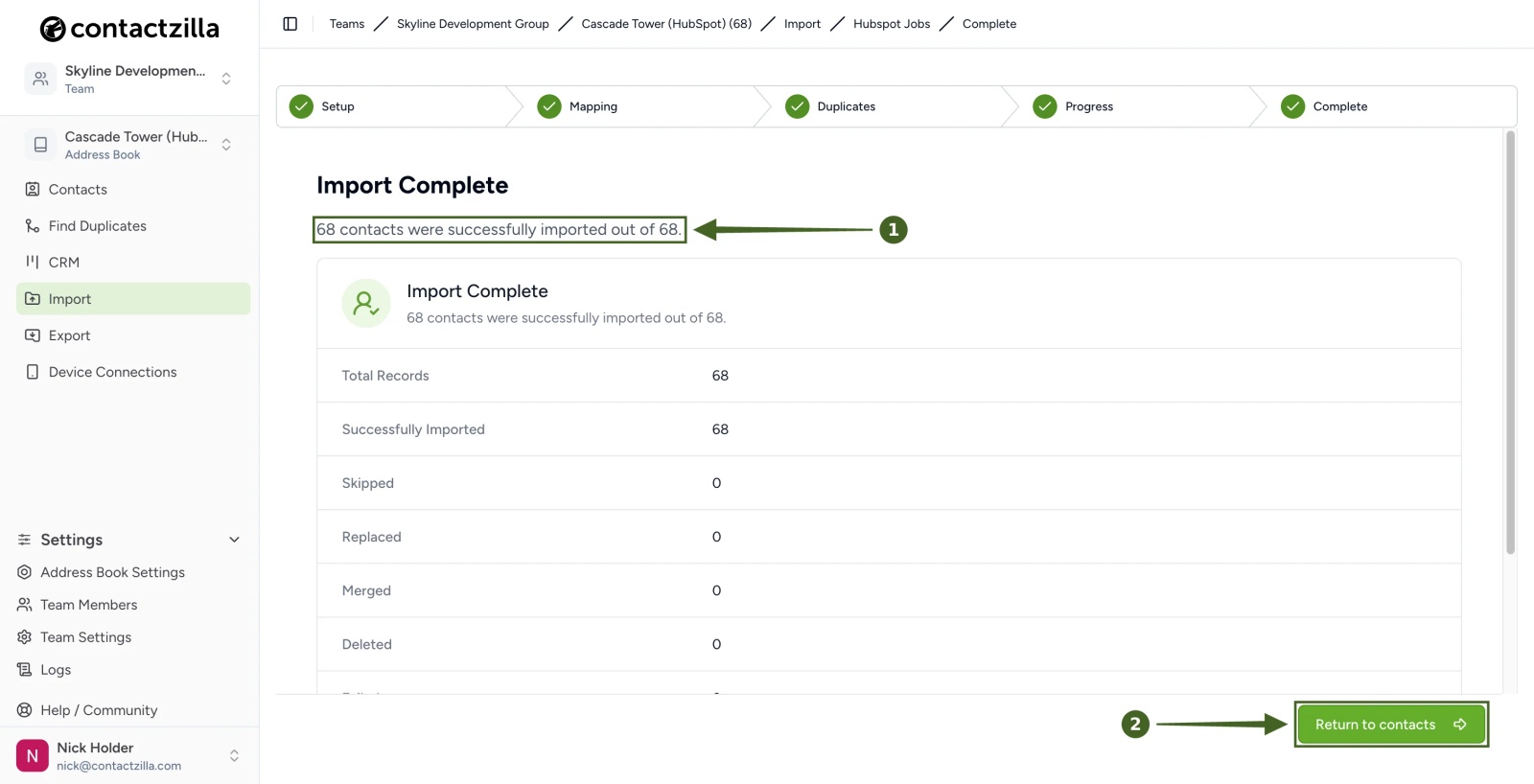 Contactzilla Import Complete screen showing 68 of 68 HubSpot contacts imported and the Return to contacts button