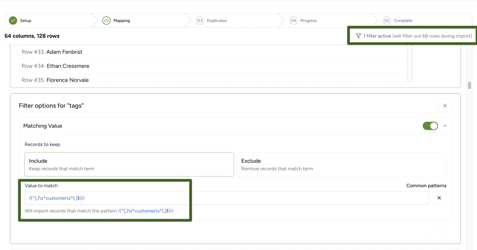 Contactzilla filter options panel for the tags column, set to a regex matching customer, showing it will filter out 68 rows during import.