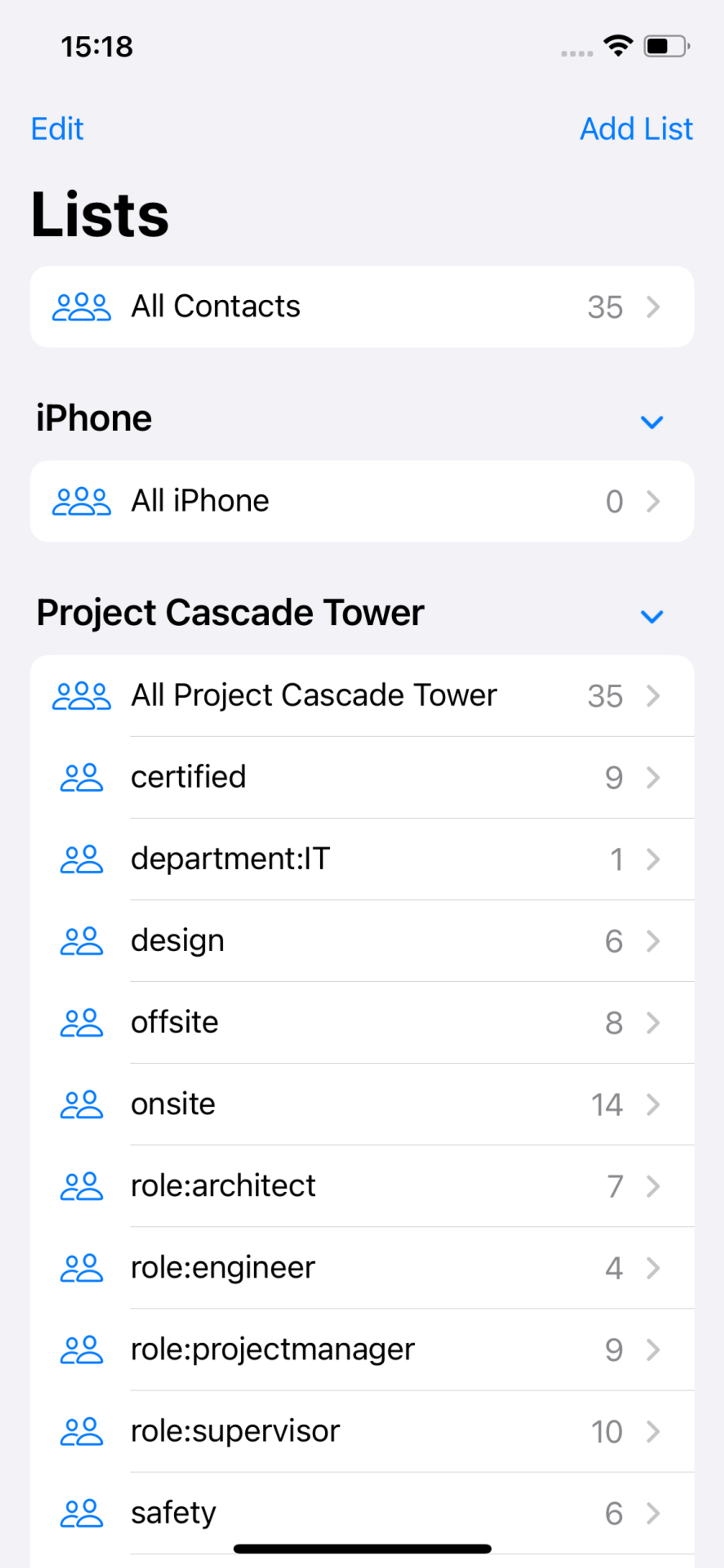 Contactzilla contacts showing in the native contacts app on iOS.